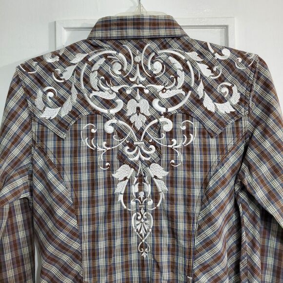 Cowgirl plaid shirt dress with Western-style embroidery and self-tie belt Size M - Picture 15 of 16